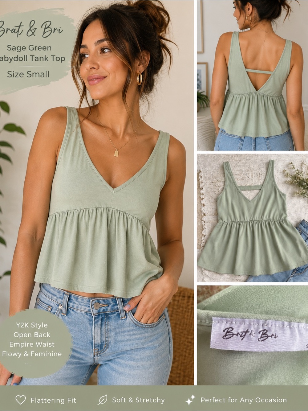 Brat & Bri Sage Green Y2K Babydoll Tank Top Open Back Small